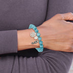 Stainless Steel Antiqued and Polished Seahorse and Tree of Life 8mm Blue Dyed Jade Beaded Stretch Bracelet for Women