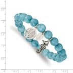 Stainless Steel Antiqued and Polished Seahorse and Tree of Life 8mm Blue Dyed Jade Beaded Stretch Bracelet for Women