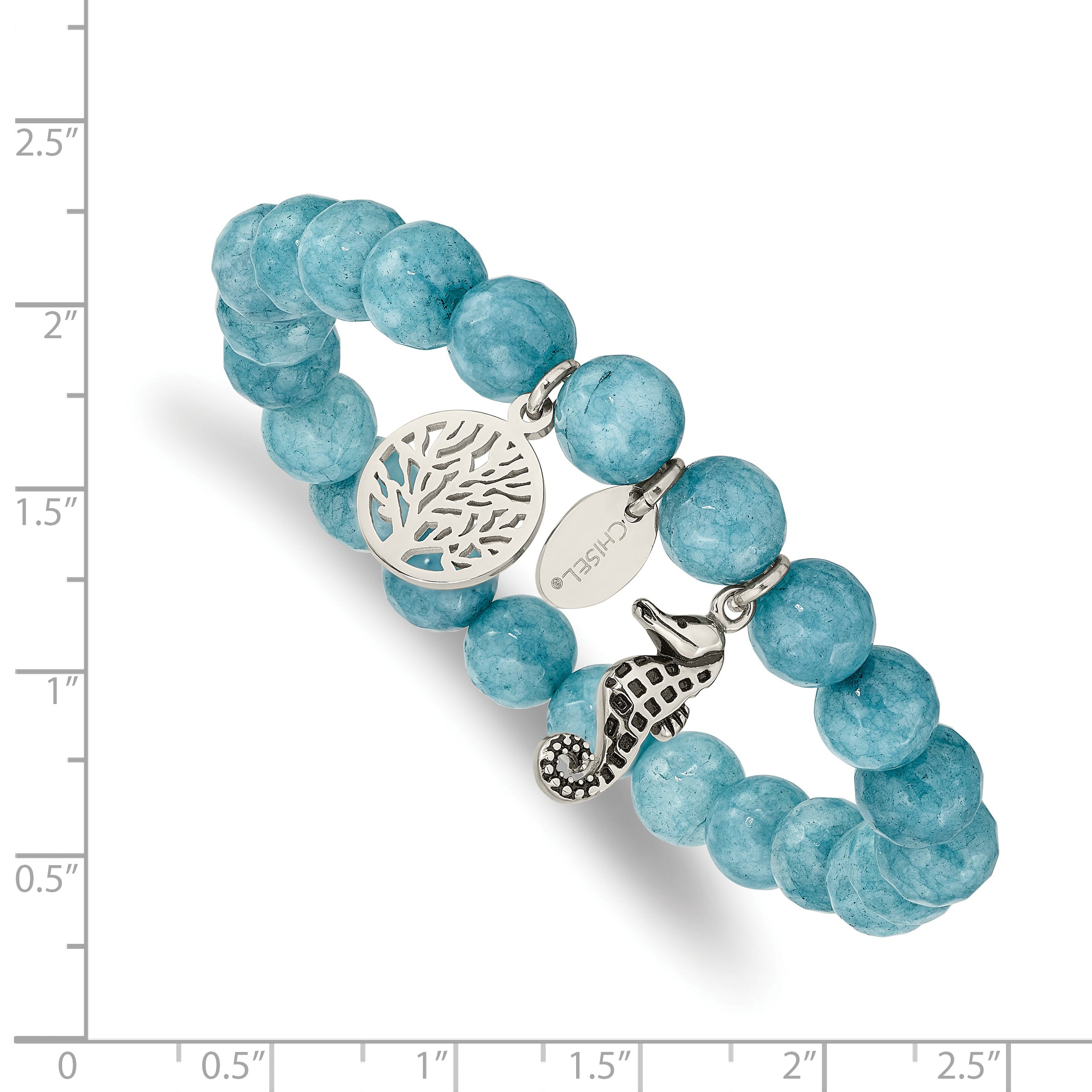 Stainless Steel Antiqued and Polished Seahorse and Tree of Life 8mm Blue Dyed Jade Beaded Stretch Bracelet for Women