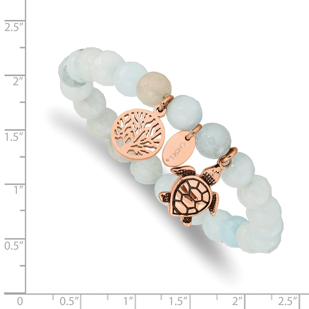 Stainless Steel Antiqued and Polished Rose IP-plated 8mm Blue/Grey Dyed Jade Beaded Stretch Bracelet for Women