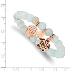 Stainless Steel Antiqued and Polished Rose IP-plated 8mm Blue/Grey Dyed Jade Beaded Stretch Bracelet for Women
