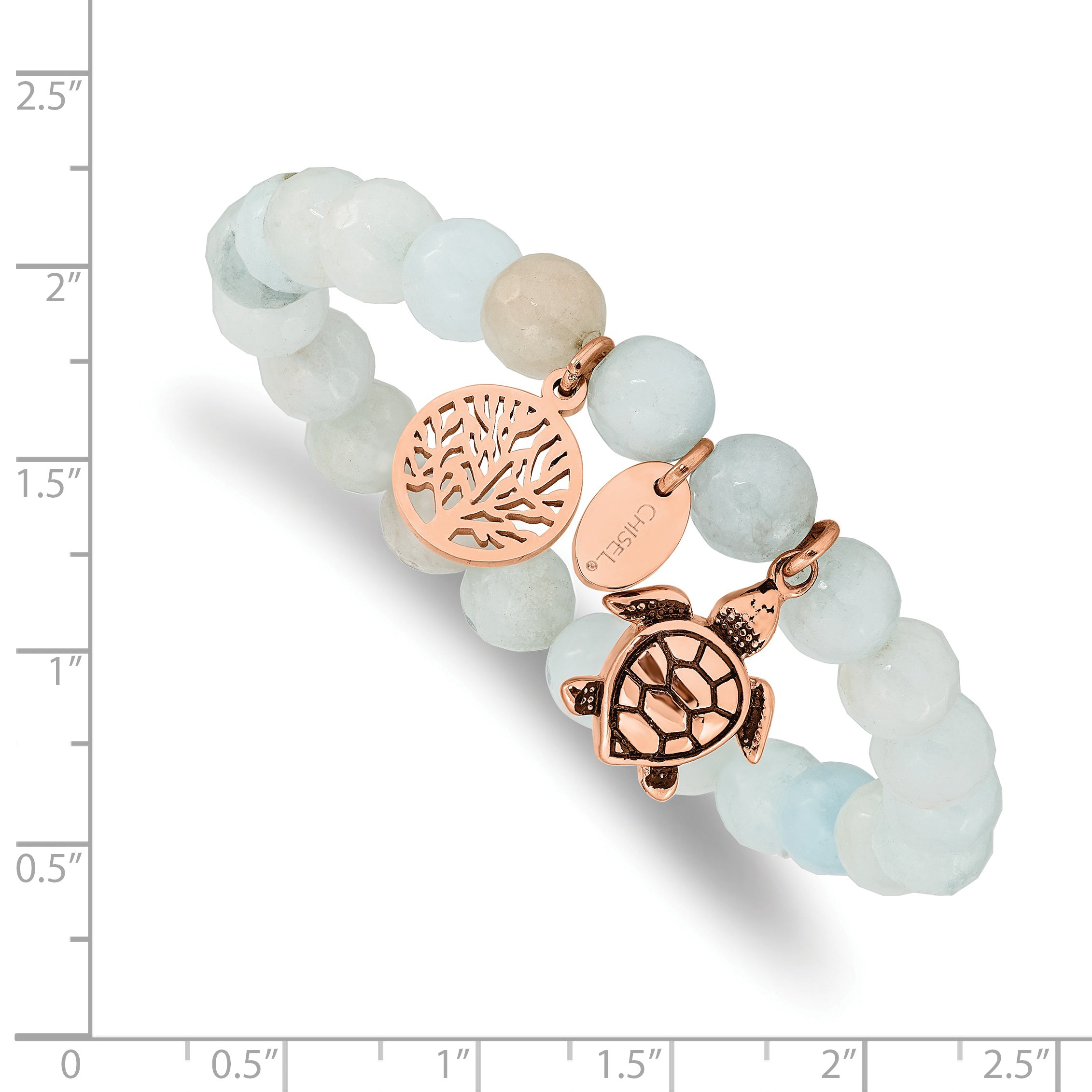 Stainless Steel Antiqued and Polished Rose IP-plated 8mm Blue/Grey Dyed Jade Beaded Stretch Bracelet for Women