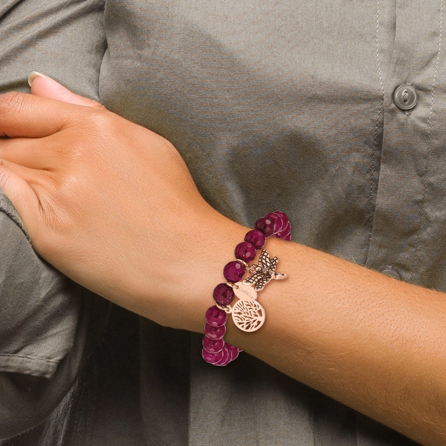 Stainless Steel Antiqued and Polished Rose IP-plated Dragonfly and Tree of Life 8mm Pink Dyed Jade Beaded Stretch Bracelet for Women