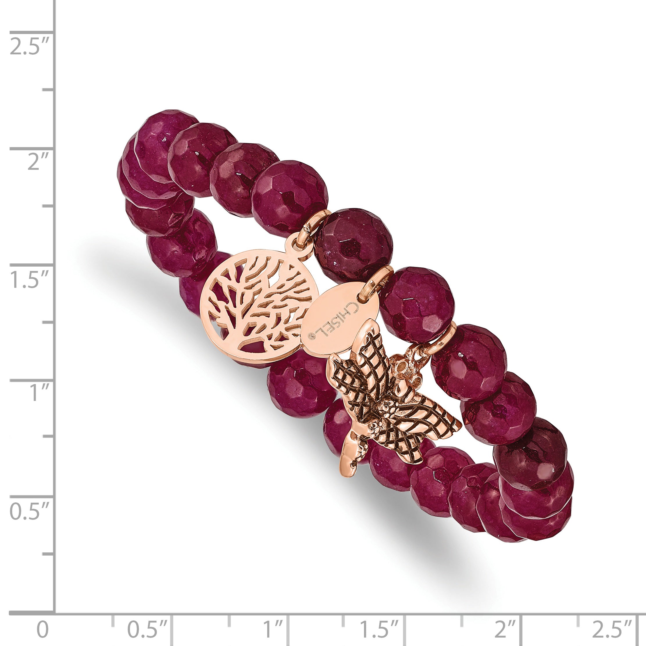Stainless Steel Antiqued and Polished Rose IP-plated Dragonfly and Tree of Life 8mm Pink Dyed Jade Beaded Stretch Bracelet for Women