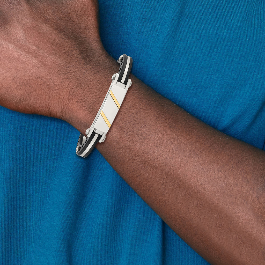 Stainless Steel Polished with Black Pvc and 14k Gold Inlay Hinged Bangle Bracelet for Men