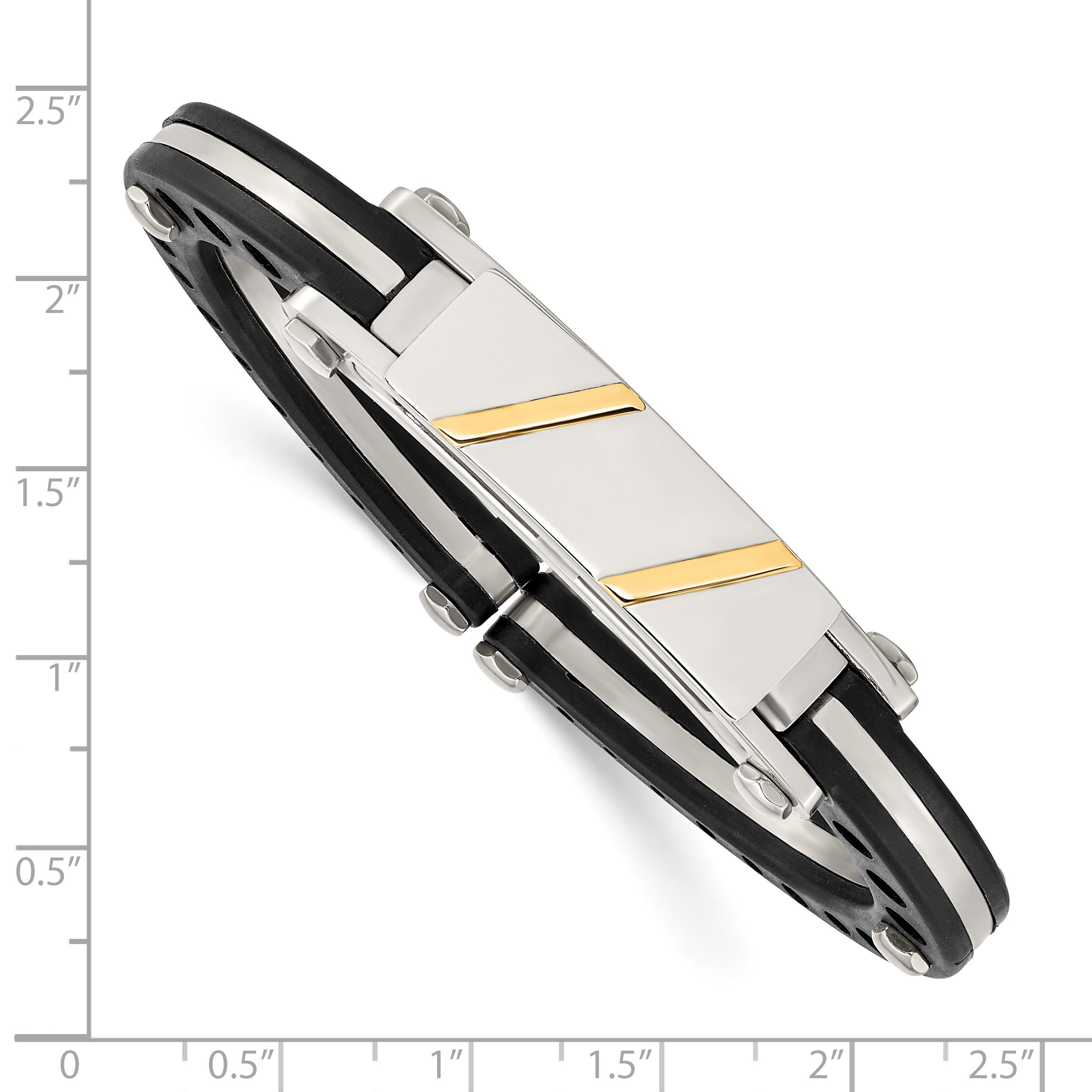 Stainless Steel Polished with Black Pvc and 14k Gold Inlay Hinged Bangle Bracelet for Men