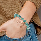Stainless Steel Antiqued and Polished Rose IP-plated Seahorse and Tree of Life 8mm Green Dyed Jade Beaded Stretch Bracelet for Women
