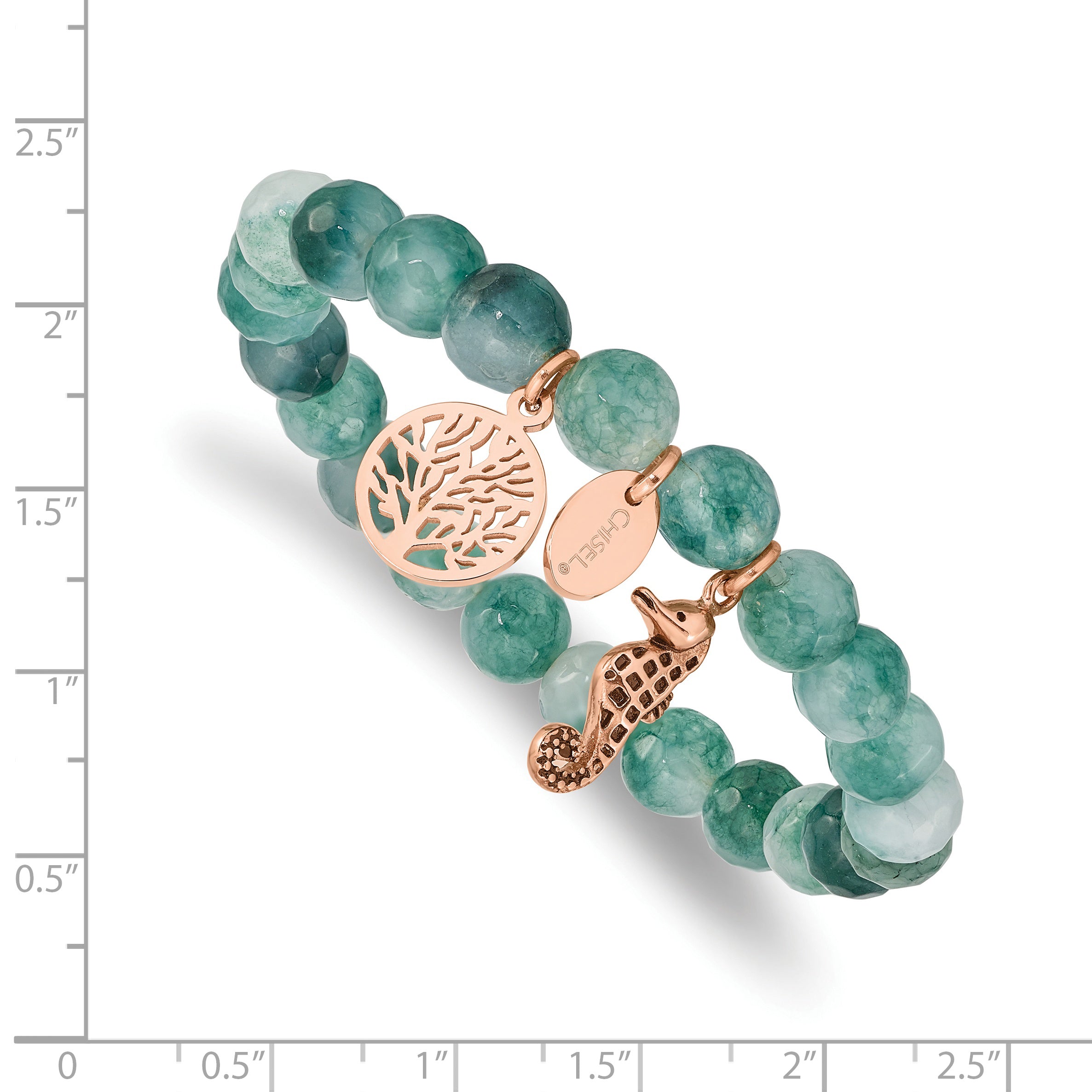Stainless Steel Antiqued and Polished Rose IP-plated Seahorse and Tree of Life 8mm Green Dyed Jade Beaded Stretch Bracelet for Women