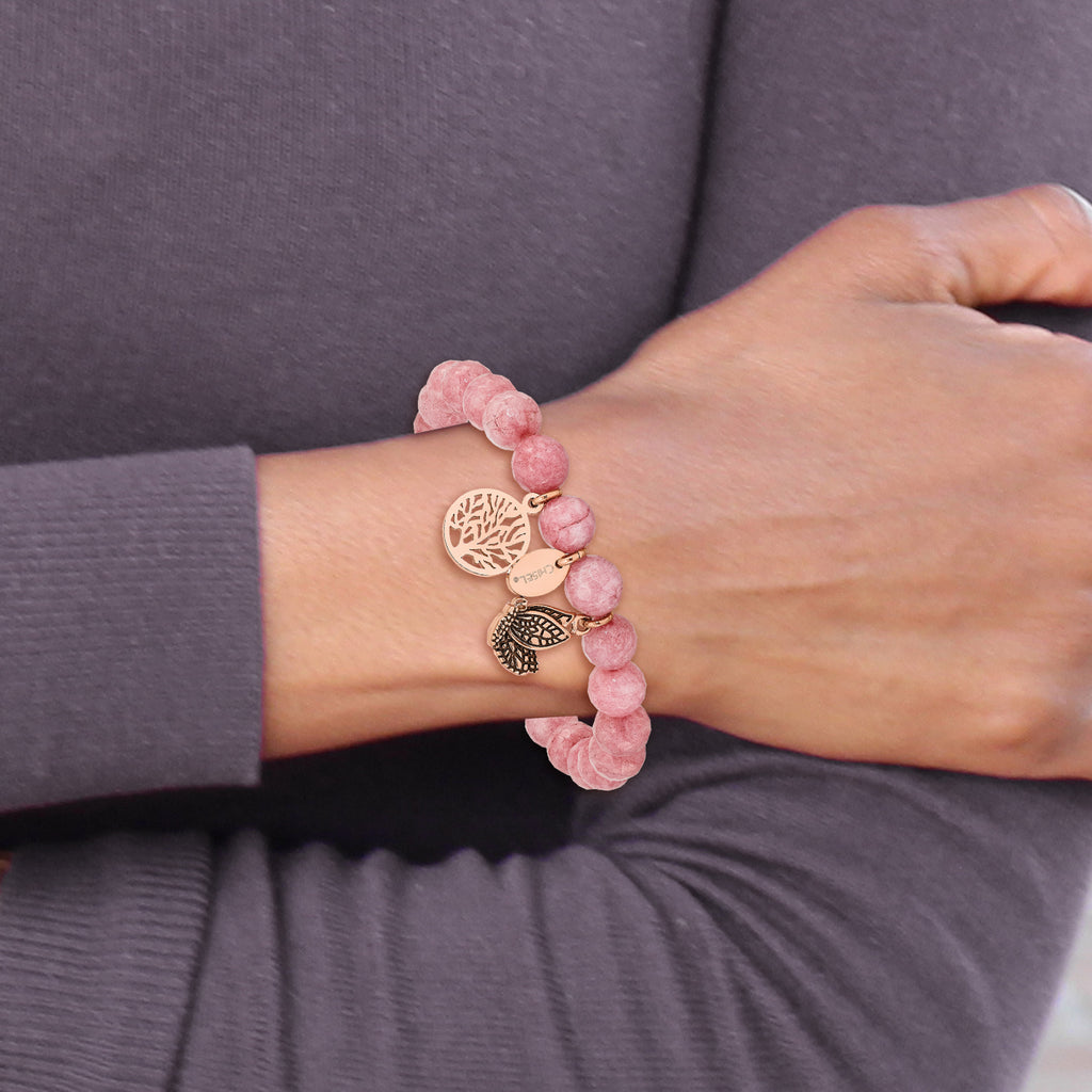 Stainless Steel Antiqued and Polish Rose IP-plated Butterfly and Tree of Life 8mm Pink Dyed Jade Beaded Stretch Bracelet for Women