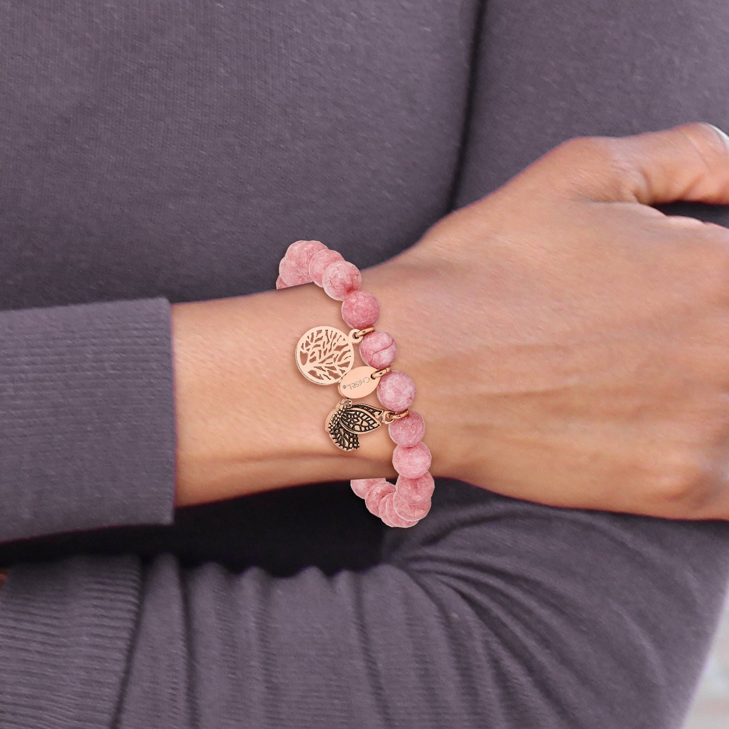 Stainless Steel Antiqued and Polish Rose IP-plated Butterfly and Tree of Life 8mm Pink Dyed Jade Beaded Stretch Bracelet for Women