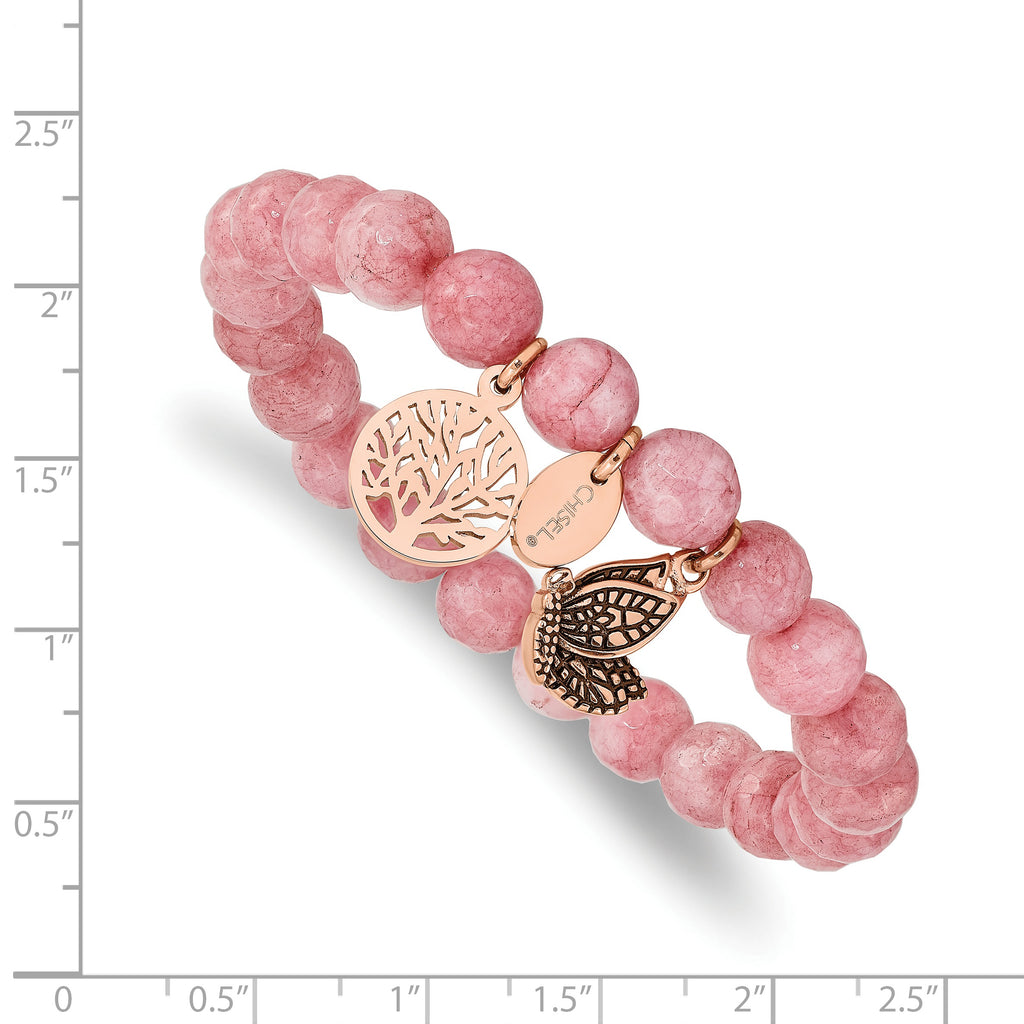 Stainless Steel Antiqued and Polish Rose IP-plated Butterfly and Tree of Life 8mm Pink Dyed Jade Beaded Stretch Bracelet for Women