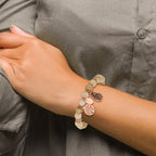 Stainless Steel Antiqued and Polished Rose IP-plated Owl and Tree of Life 8mm Taupe Dyed Jade Beaded Stretch Bracelet for Women