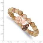 Stainless Steel Antiqued and Polished Rose IP-plated Owl and Tree of Life 8mm Taupe Dyed Jade Beaded Stretch Bracelet for Women