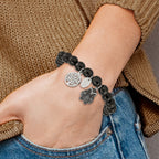 Stainless Steel Antiqued and Polished Owl and Tree of Life 8mm Black Jade Beaded Stretch Bracelet for Women