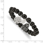 Stainless Steel Antiqued and Polished Owl and Tree of Life 8mm Black Jade Beaded Stretch Bracelet for Women