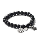 Stainless Steel Antiqued and Polished Owl and Tree of Life 8mm Black Jade Beaded Stretch Bracelet for Women
