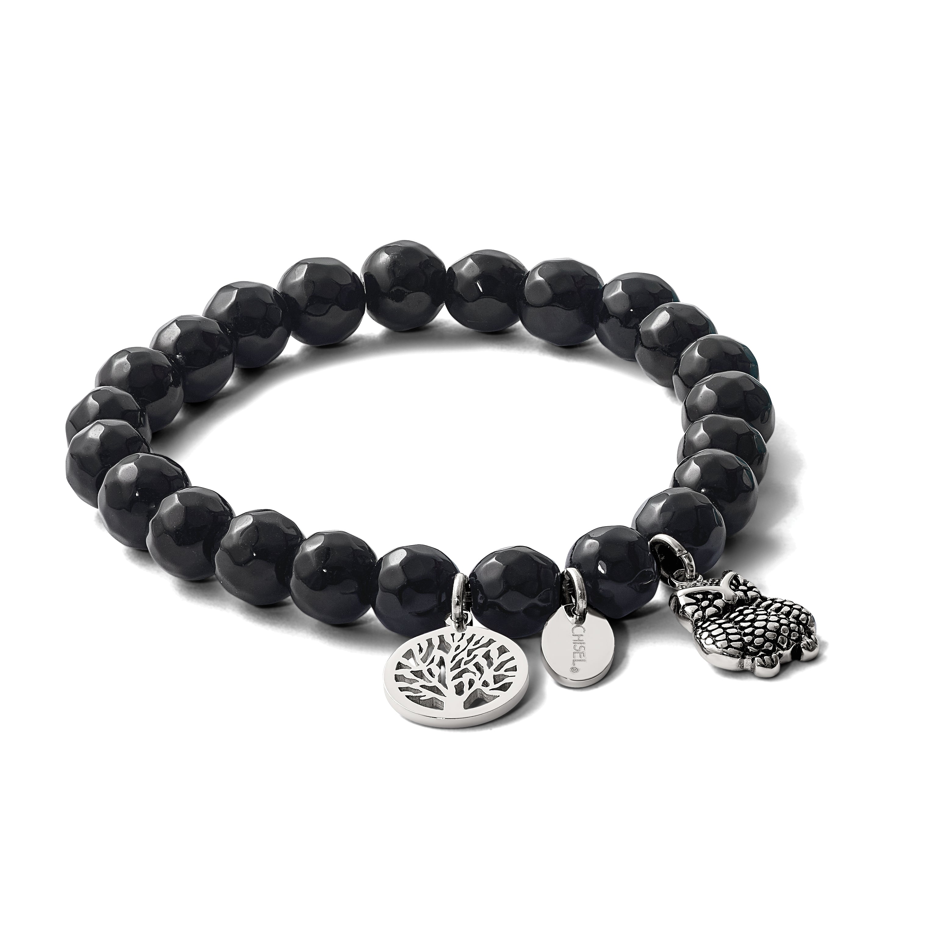 Stainless Steel Antiqued and Polished Owl and Tree of Life 8mm Black Jade Beaded Stretch Bracelet for Women