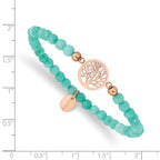 Stainless Steel Polished Rose IP-plated Tree of Life 4mm Mint Jade Beaded Stretch Bracelet for Women