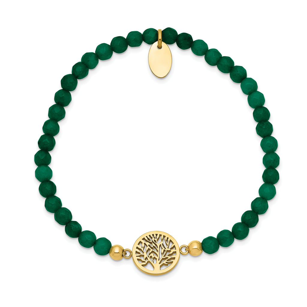 Stainless Steel Polished Yellow IP-plated Tree of Life 4mm Green Jade Beaded Stretch Bracelet for Women