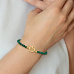 Stainless Steel Polished Yellow IP-plated Tree of Life 4mm Green Jade Beaded Stretch Bracelet for Women