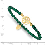 Stainless Steel Polished Yellow IP-plated Tree of Life 4mm Green Jade Beaded Stretch Bracelet for Women