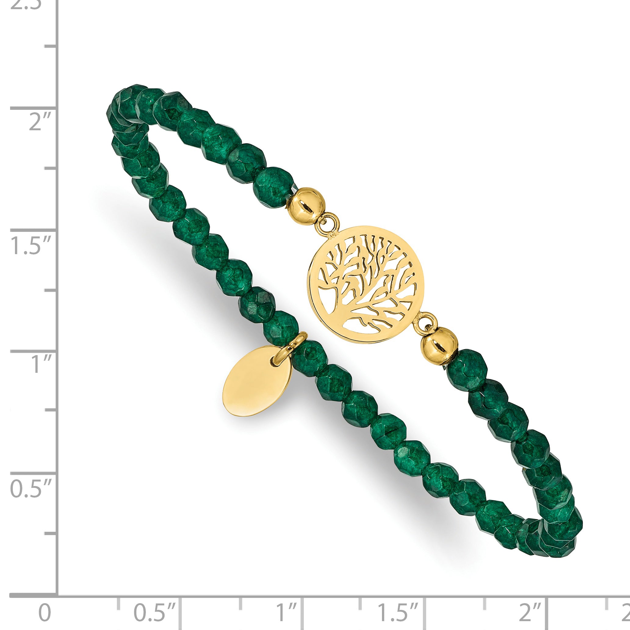 Stainless Steel Polished Yellow IP-plated Tree of Life 4mm Green Jade Beaded Stretch Bracelet for Women