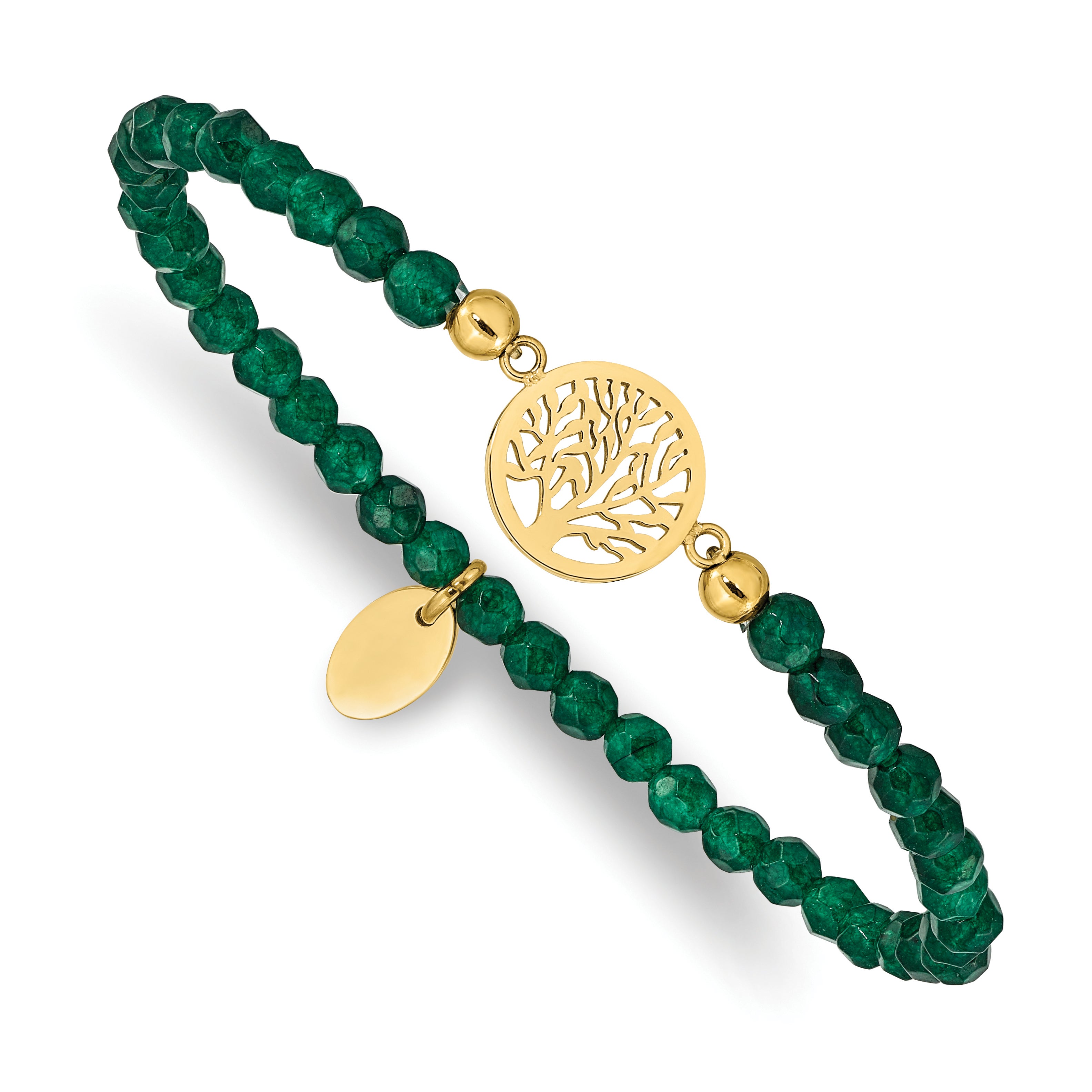 Stainless Steel Polished Yellow IP-plated Tree of Life 4mm Green Jade Beaded Stretch Bracelet for Women