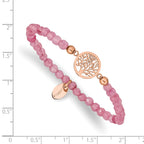 Stainless Steel Polished Rose IP-plated Tree of Life 4mm Red Jade Beaded Stretch Bracelet for Women