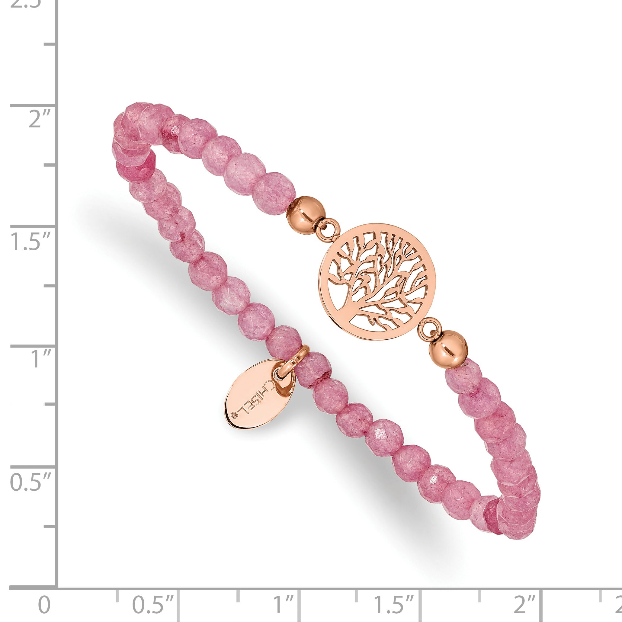 Stainless Steel Polished Rose IP-plated Tree of Life 4mm Red Jade Beaded Stretch Bracelet for Women