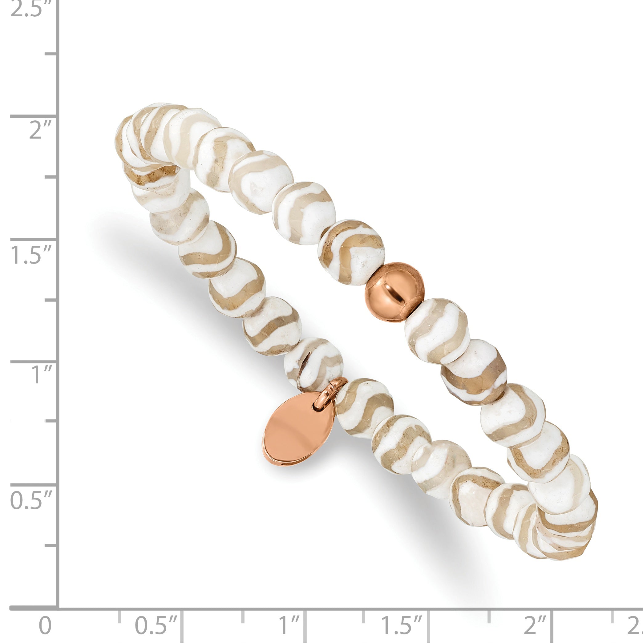 Stainless Steel Polished Rose IP-plated 6mm White Wave Agate Beaded Stretch Bracelet for Women