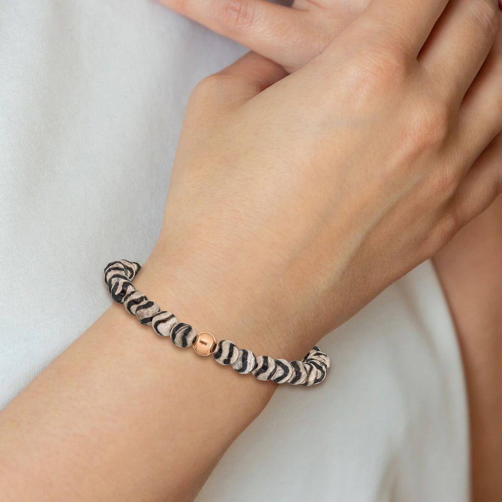 Stainless Steel Polished Rose IP-plated 6mm Black and White Striped Agate Beaded Stretch Bracelet for Women