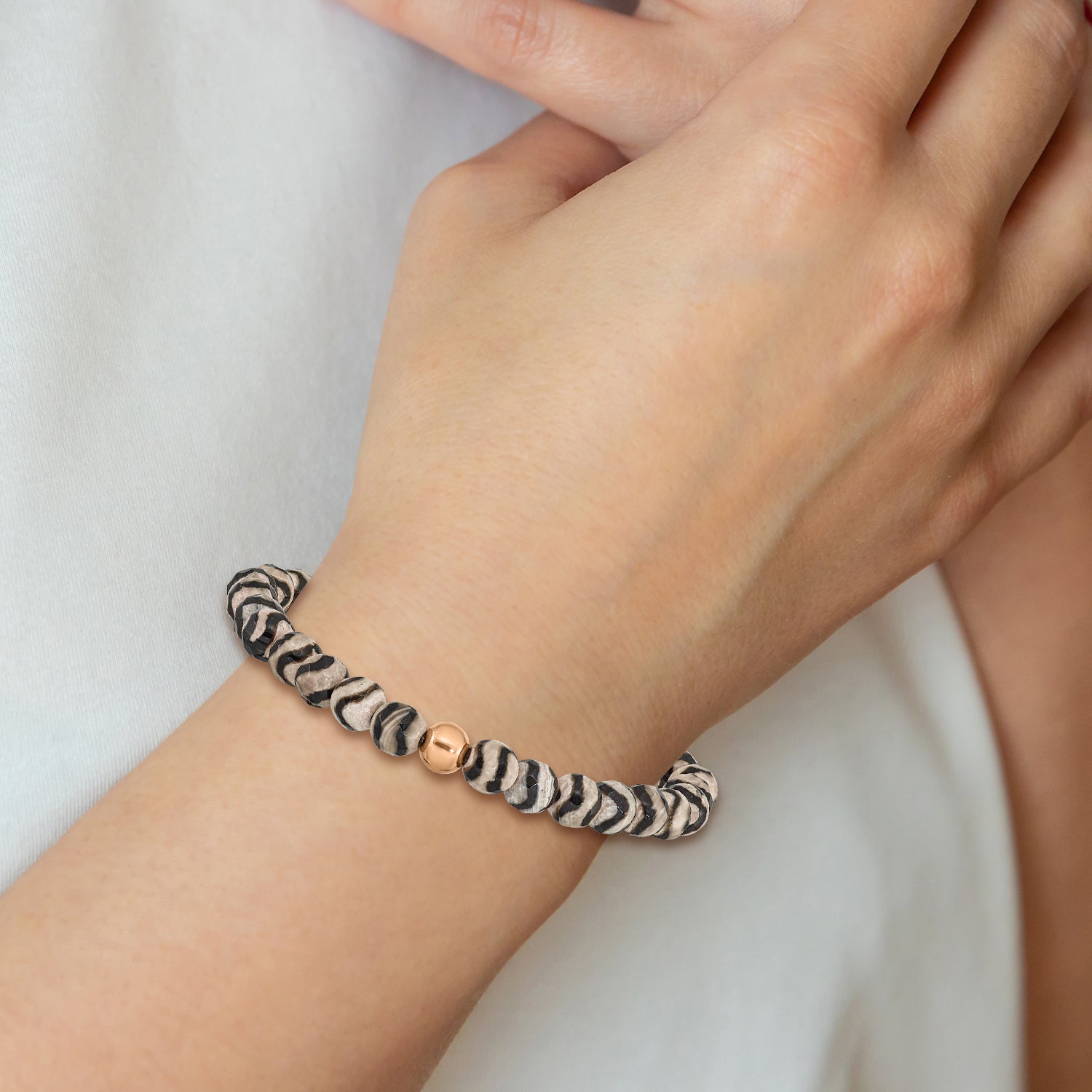 Stainless Steel Polished Rose IP-plated 6mm Black and White Striped Agate Beaded Stretch Bracelet for Women