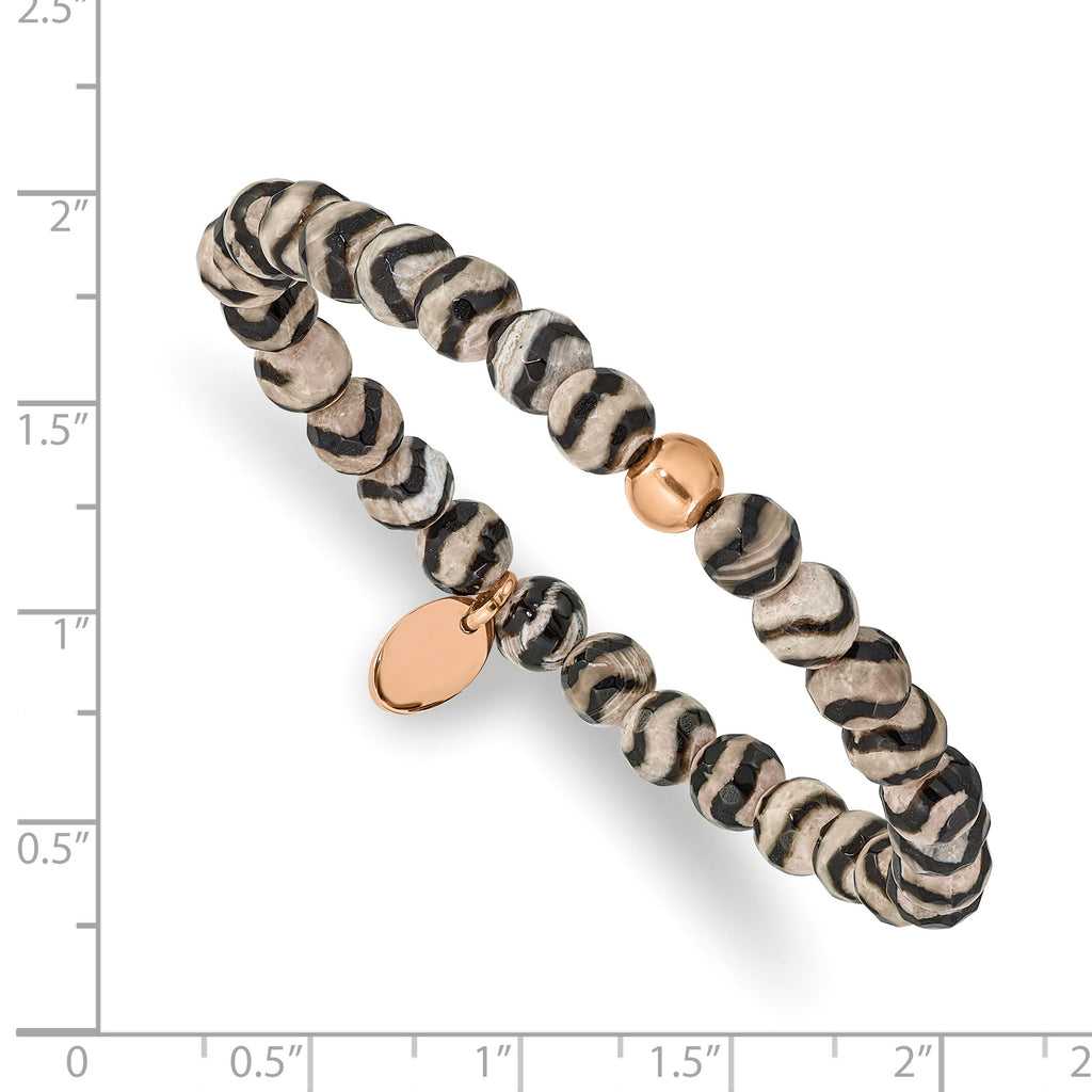 Stainless Steel Polished Rose IP-plated 6mm Black and White Striped Agate Beaded Stretch Bracelet for Women