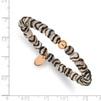 Stainless Steel Polished Rose IP-plated 6mm Black and White Striped Agate Beaded Stretch Bracelet for Women
