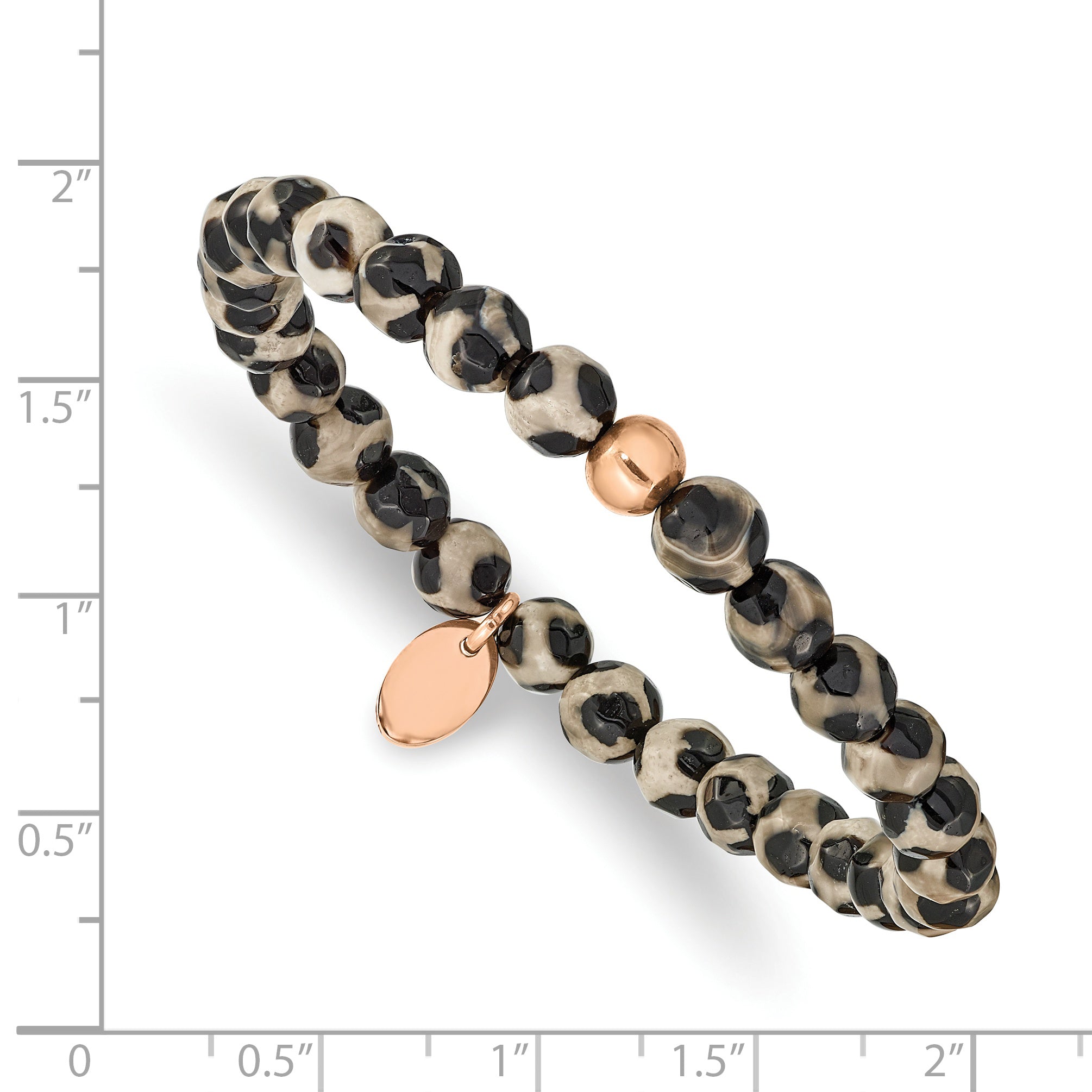 Stainless Steel Polished Rose IP-plated 6mm Black and White Agate Beaded Stretch Bracelet for Women