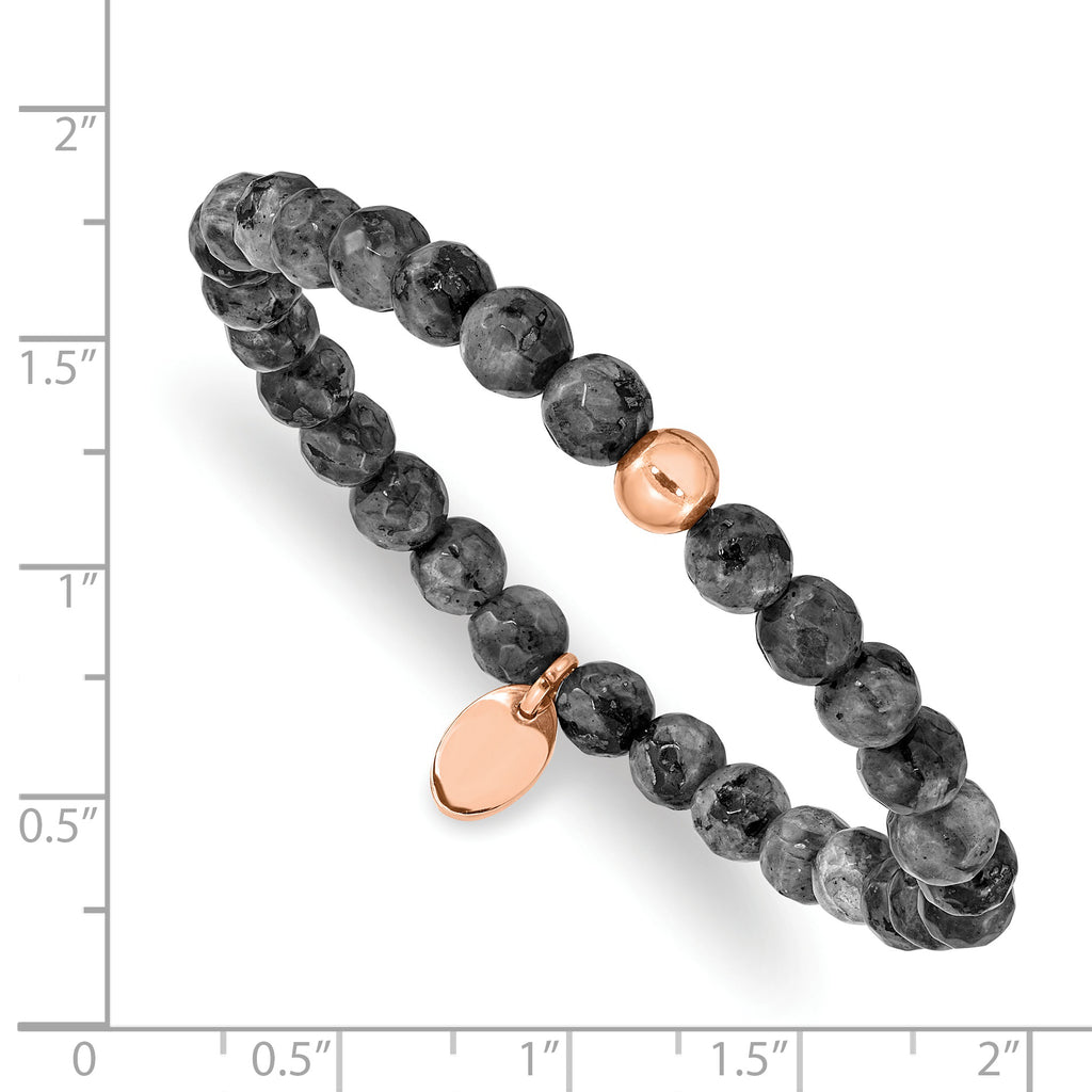 Stainless Steel Polished Rose IP-plated 6mm Spectrolite Beaded Stretch Bracelet for Women