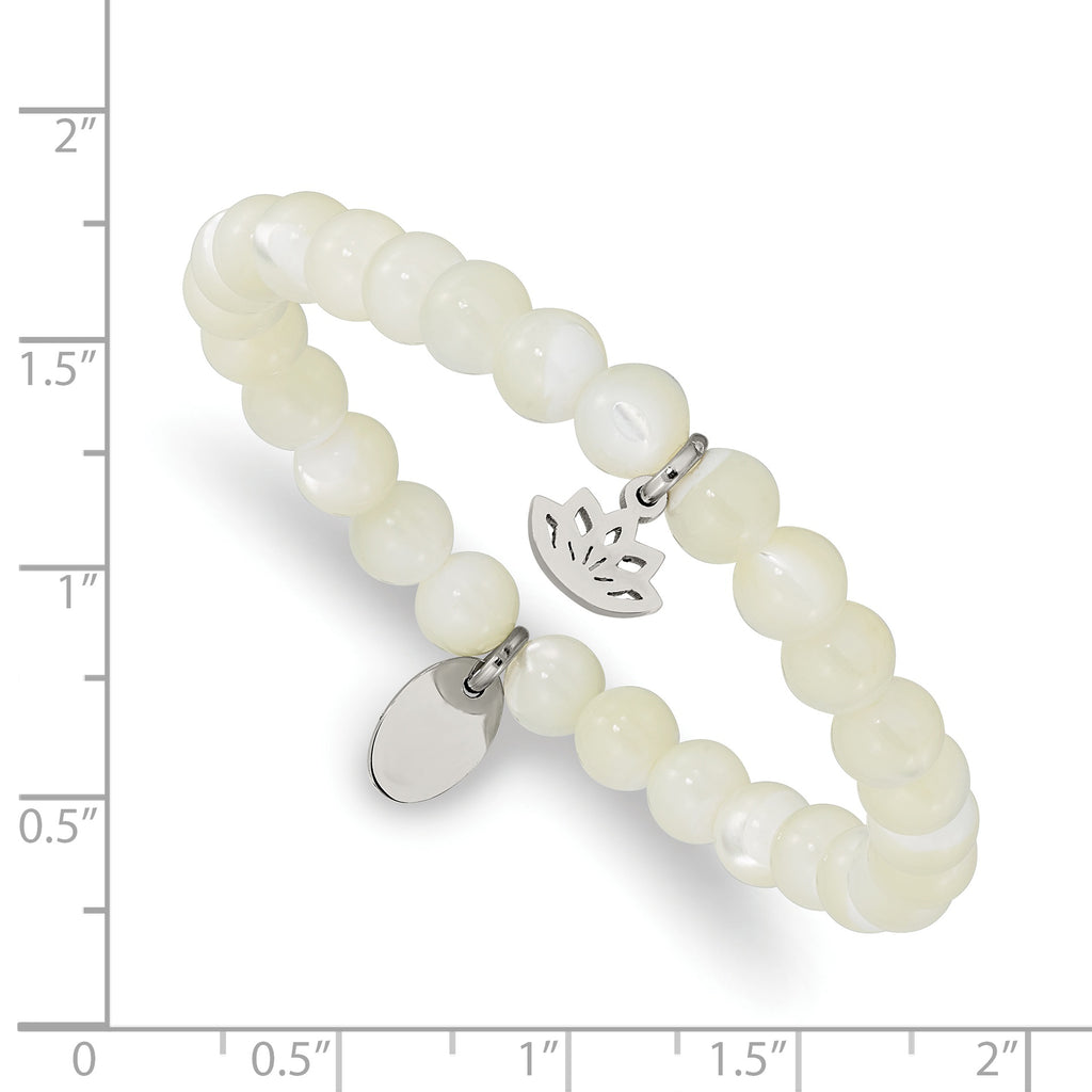 Stainless Steel Polished Lotus 6mm Mother of Pearl Beaded Stretch Bracelet for Women
