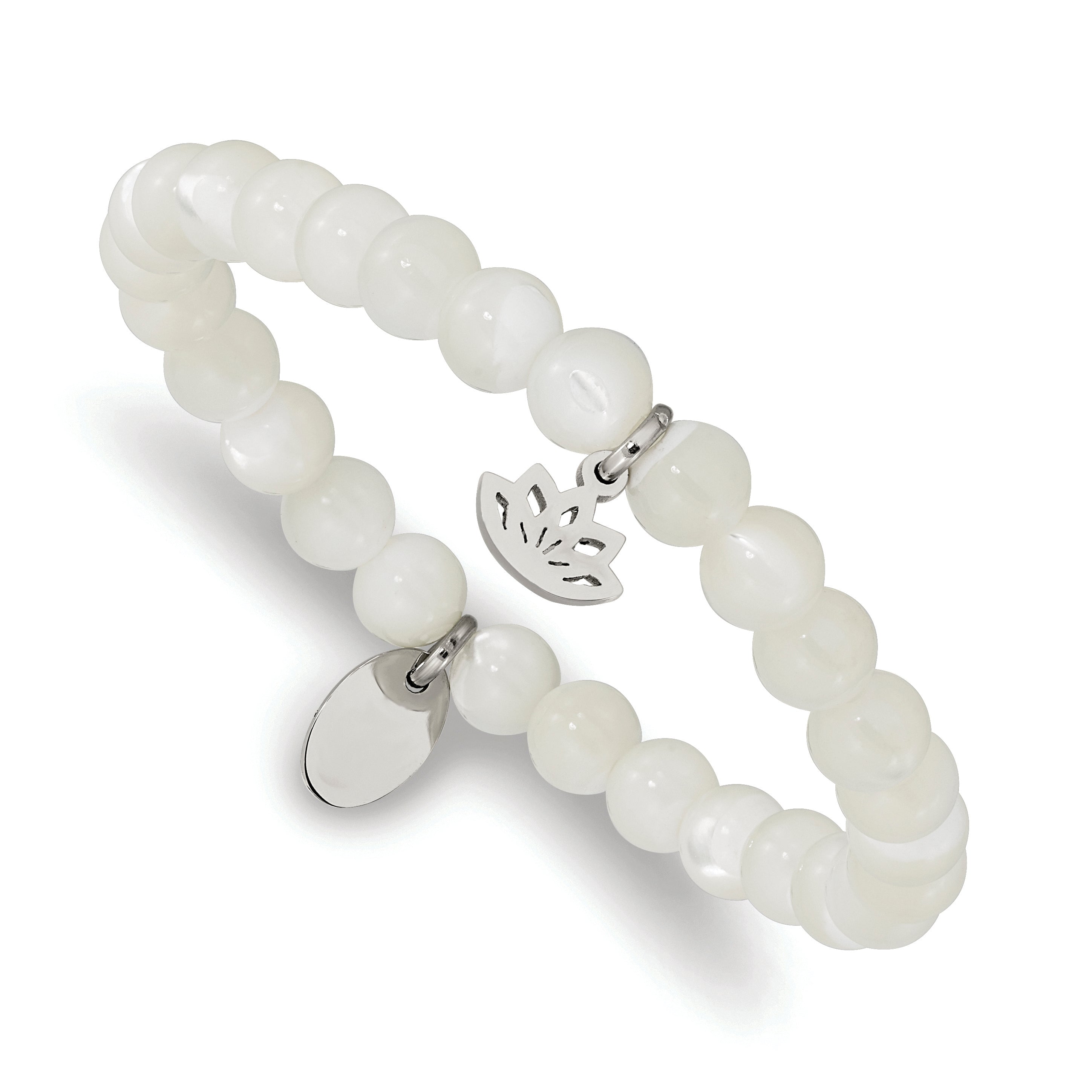 Stainless Steel Polished Lotus 6mm Mother of Pearl Beaded Stretch Bracelet for Women Main image