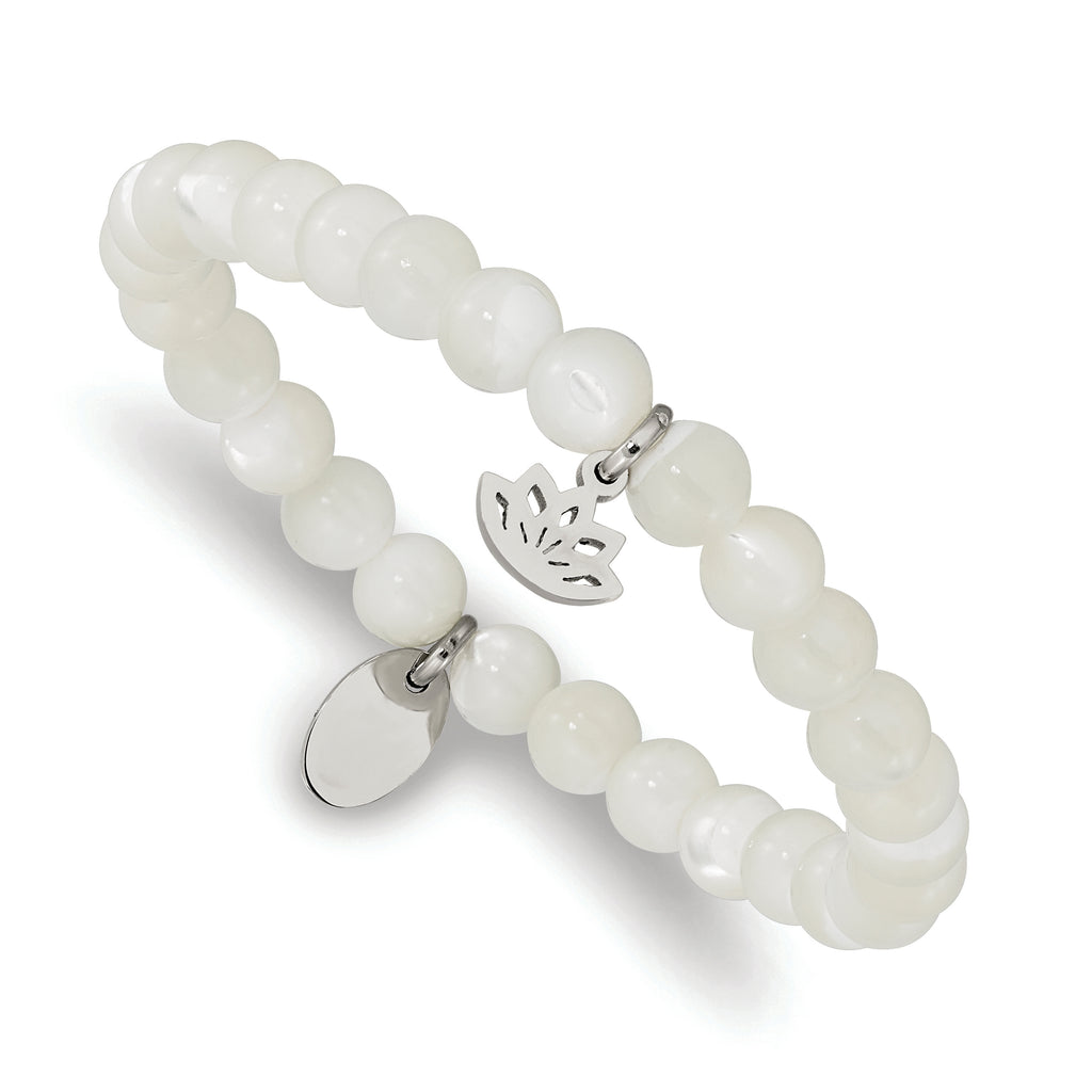 Stainless Steel Polished Lotus 6mm Mother of Pearl Beaded Stretch Bracelet for Women