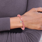 Stainless Steel Polished Lotus 6mm Pink Jade Beaded Stretch Bracelet for Women