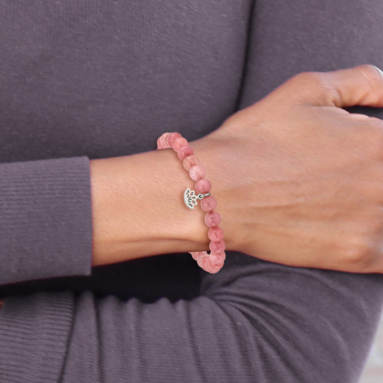 Stainless Steel Polished Lotus 6mm Pink Jade Beaded Stretch Bracelet for Women