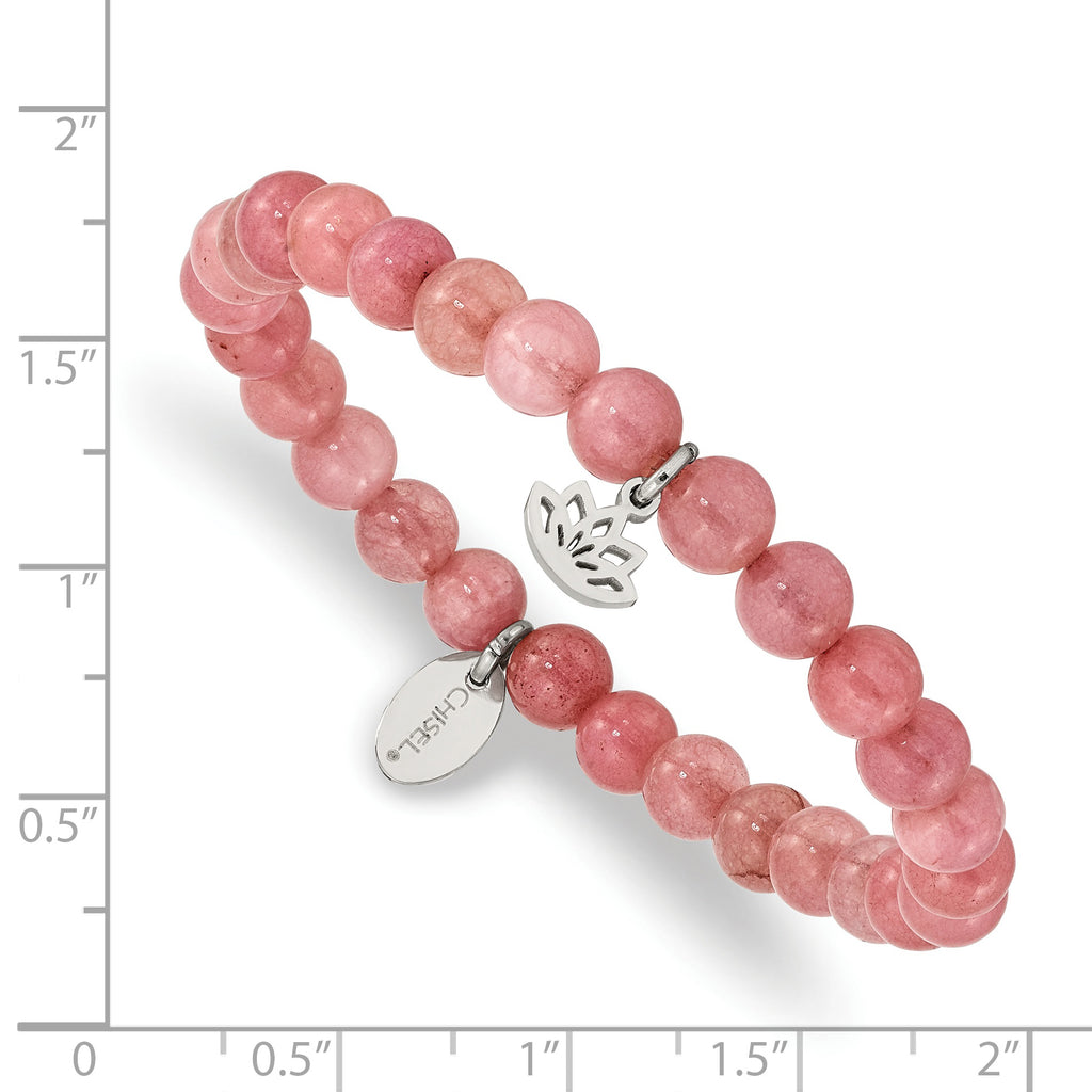 Stainless Steel Polished Lotus 6mm Pink Jade Beaded Stretch Bracelet for Women