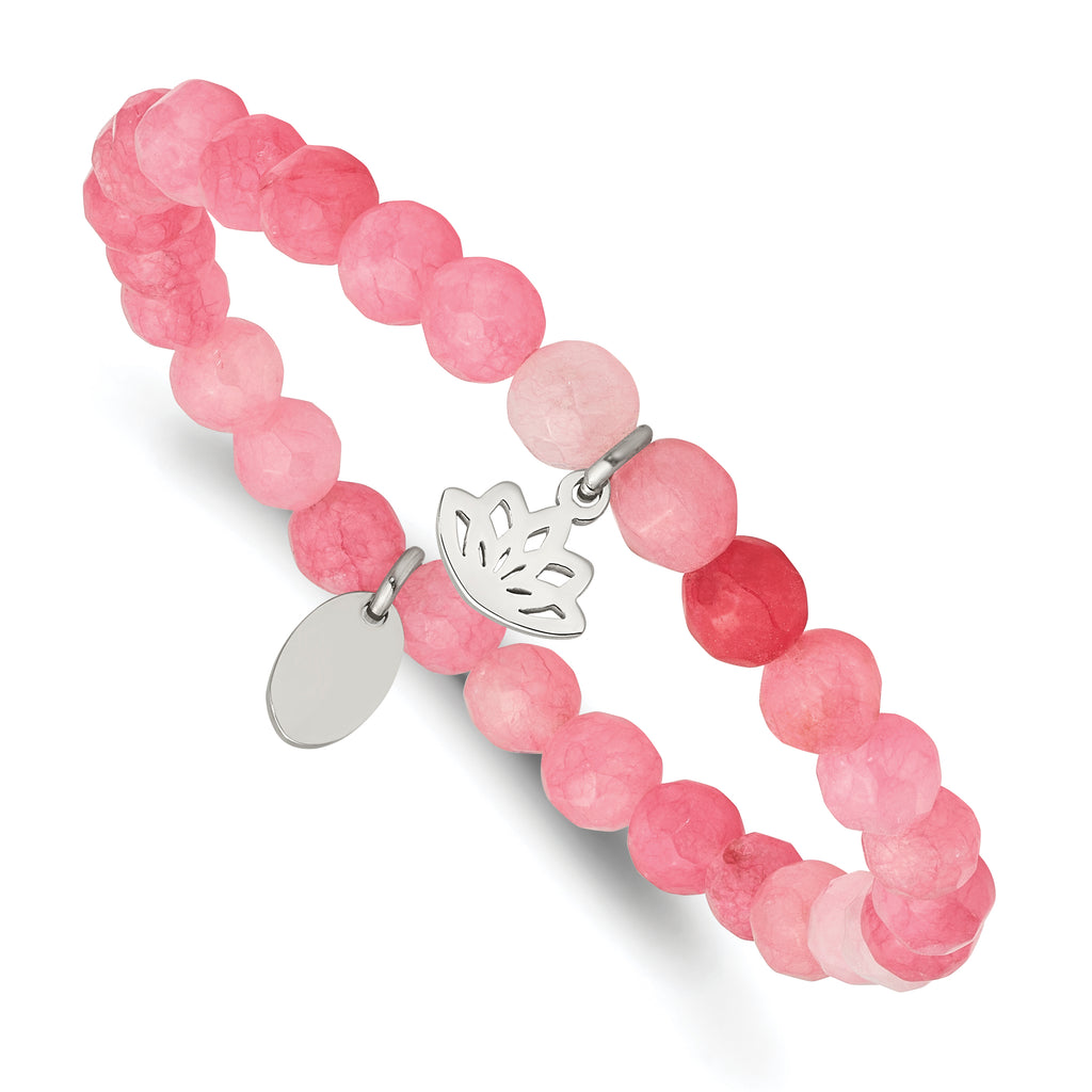 Stainless Steel Polished Lotus 6mm Pink Jade Beaded Stretch Bracelet for Women