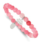Stainless Steel Polished Lotus 6mm Pink Jade Beaded Stretch Bracelet for Women