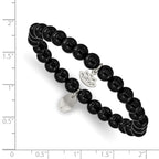 Stainless Steel Polished Lotus 6mm Black Agate Beaded Stretch Bracelet for Women