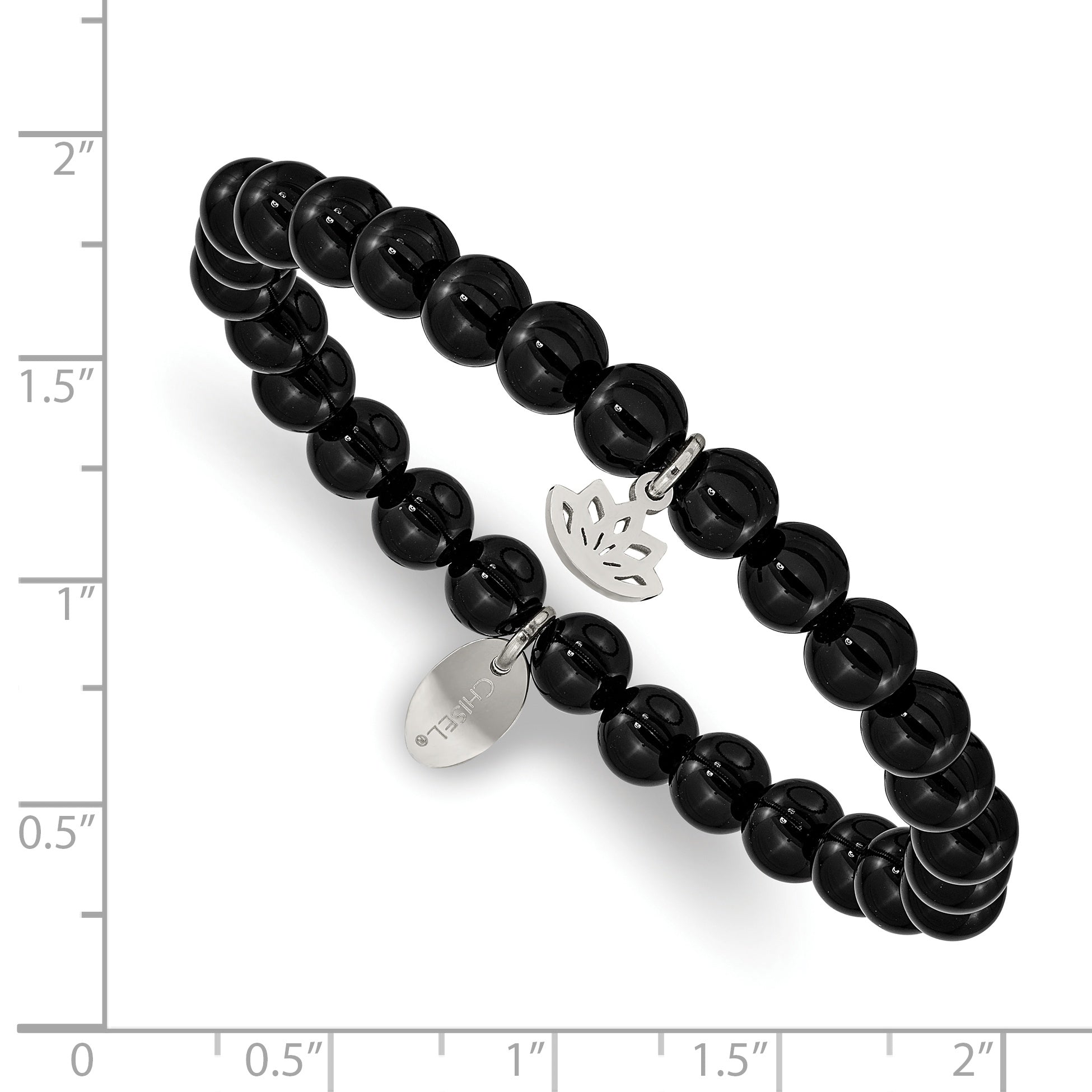 Stainless Steel Polished Lotus 6mm Black Agate Beaded Stretch Bracelet for Women