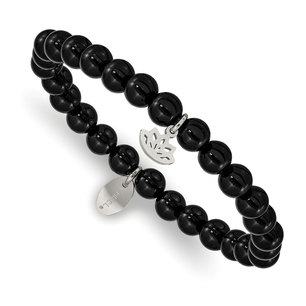 Stainless Steel Polished Lotus 6mm Black Agate Beaded Stretch Bracelet for Women