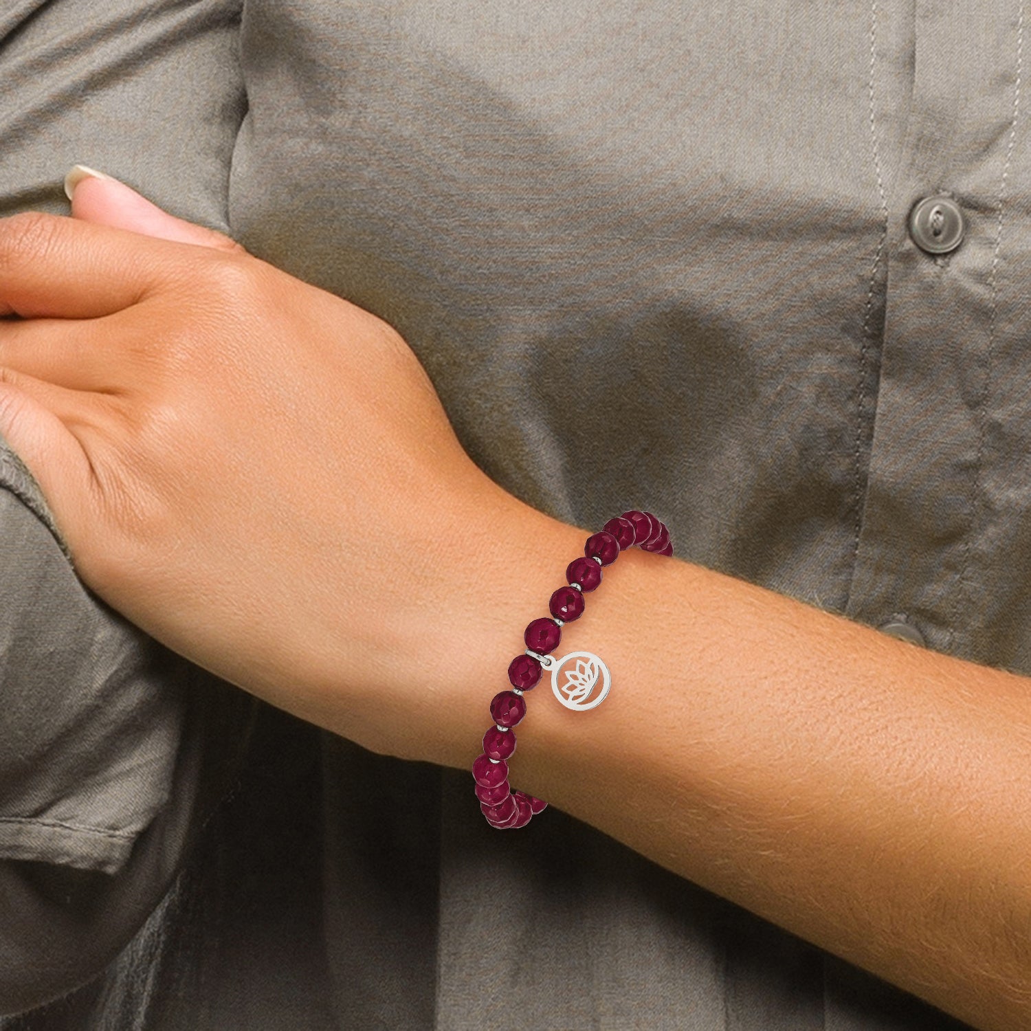 Stainless Steel Polished Lotus 6mm Pink Jade Beaded Stretch Bracelet with Tassel for Women
