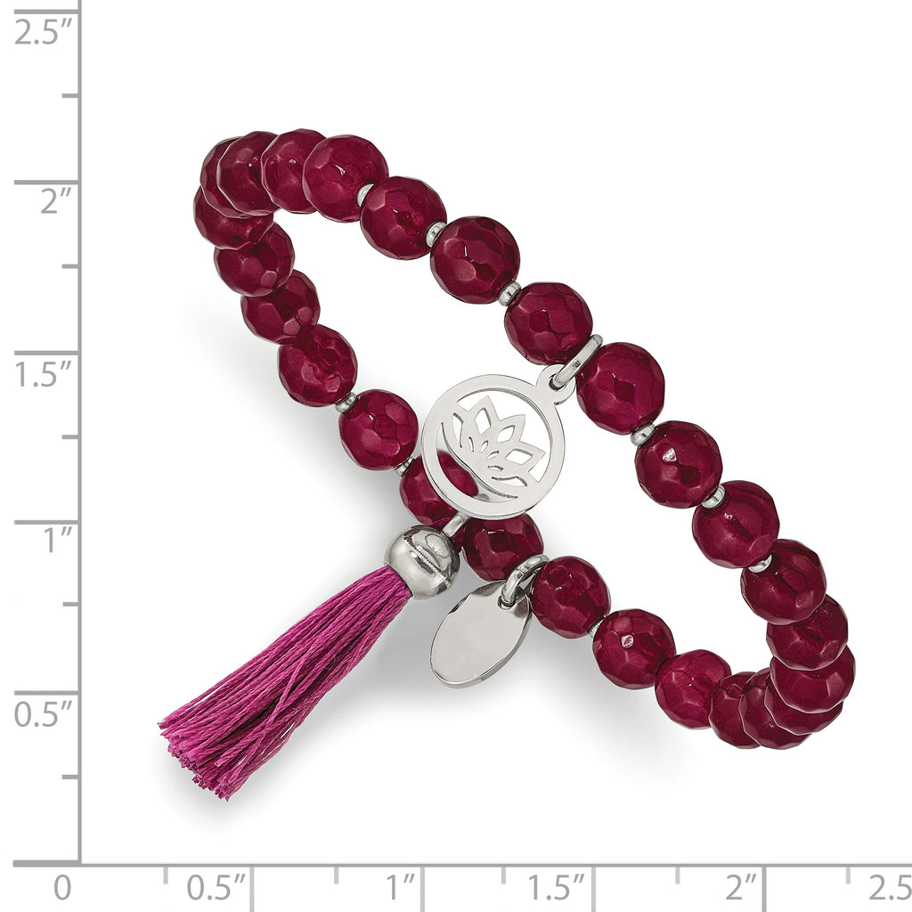 Stainless Steel Polished Lotus 6mm Pink Jade Beaded Stretch Bracelet with Tassel for Women