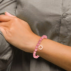 Stainless Steel Polished Rose IP-plated Heart 6mm Pink Jade Beaded Stretch Bracelet with Tassel for Women